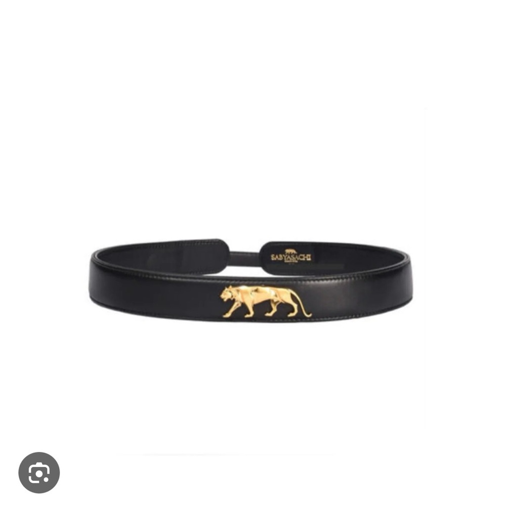 Sabyasachi Black Leather Belt with Gold Panther Detail